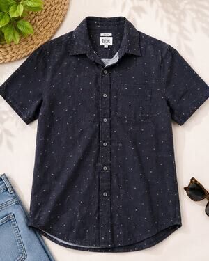 Bridge & Burn Men’s Small Linen Cotton Navy Dot Short Sleeve Shirt Slim Fit